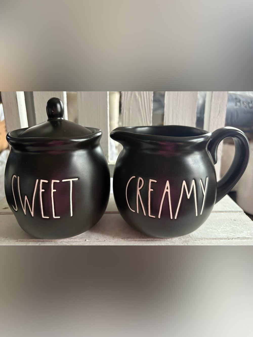 Rae Dunn Black "SWEET & CREAMY" Ceramic Cream and Sugar with Ivory Lettering